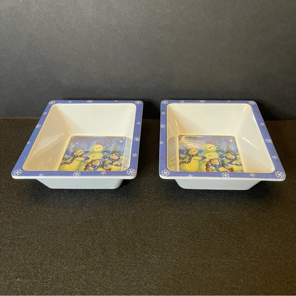 2 Snowman Snack Rectangle Bowls 6 x 5.25 Inches - Picture 1 of 16
